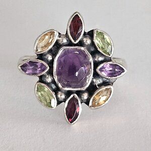 Vintage Sterling Silver Amethyst Citrine Garnet Cocktail Ring Sz 9.5